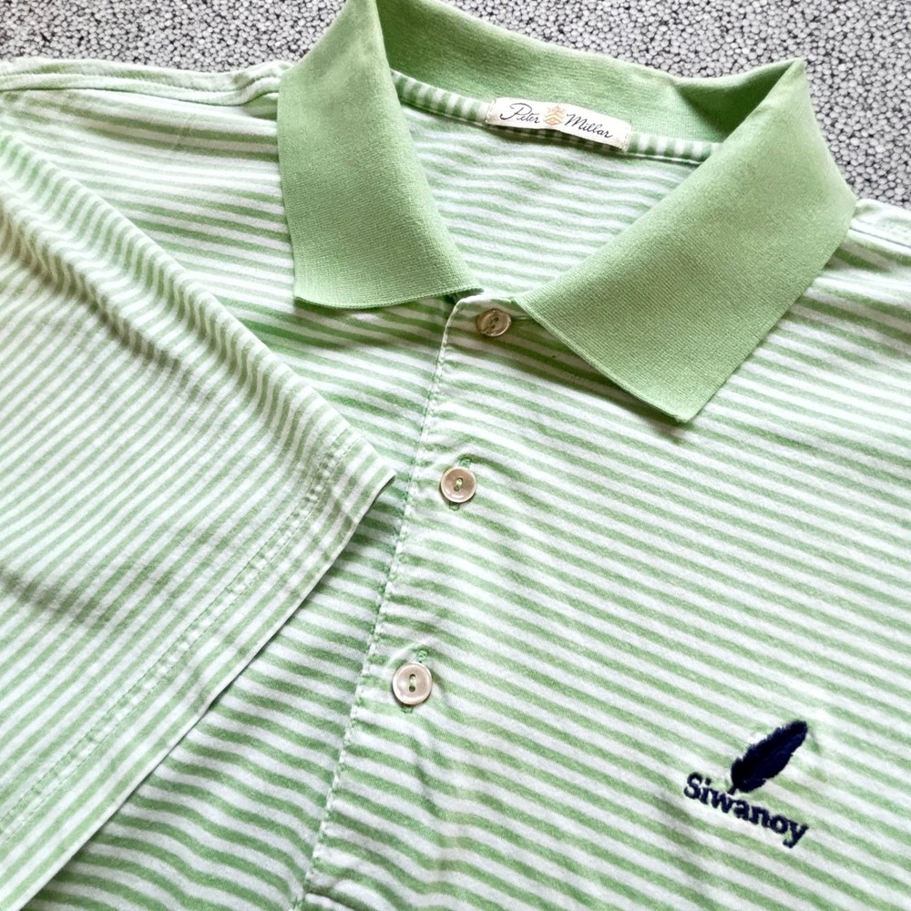 Peter Millar Golf Polo Shirt Mens L Green Striped Siwanoy Logo All Cotton Preppy